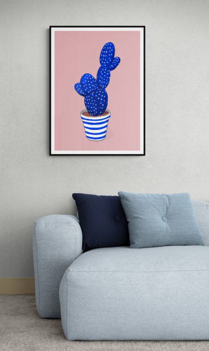 תמונות לבית ציור קקטוס כחול לבן בסלון