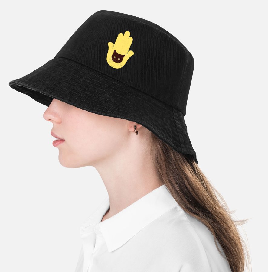 כובע טמבל שחור איור חתול חמסה כובע באקט כובע לנשים כובע רחב שוליים